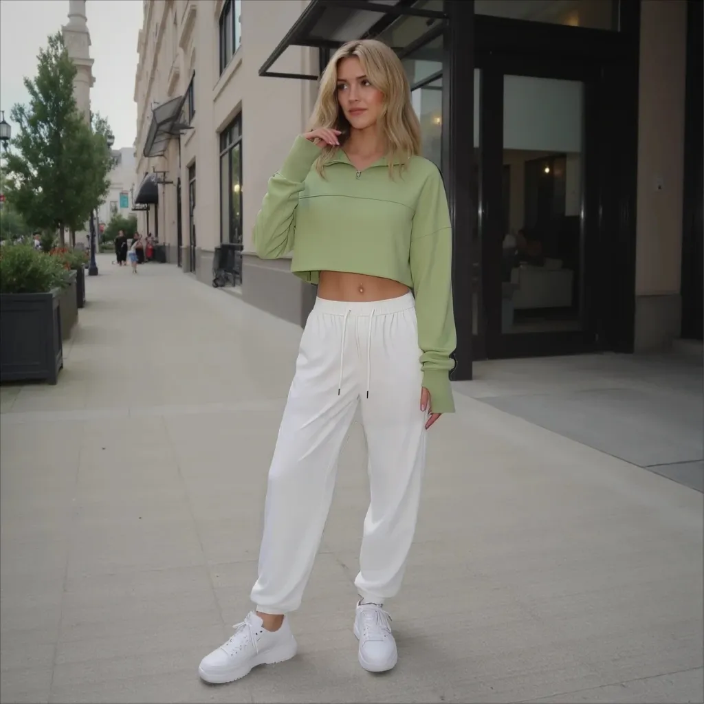 Woman in a green crop top and white pants standing on a city street.