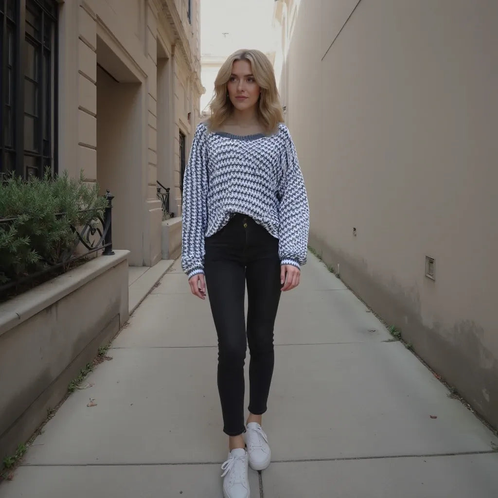 Woman walking down a city street wearing a patterned sweater and black pants.