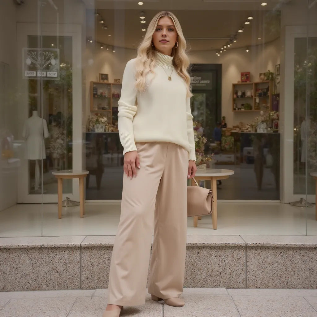 Woman in a white sweater and beige pants standing in front of a store window.