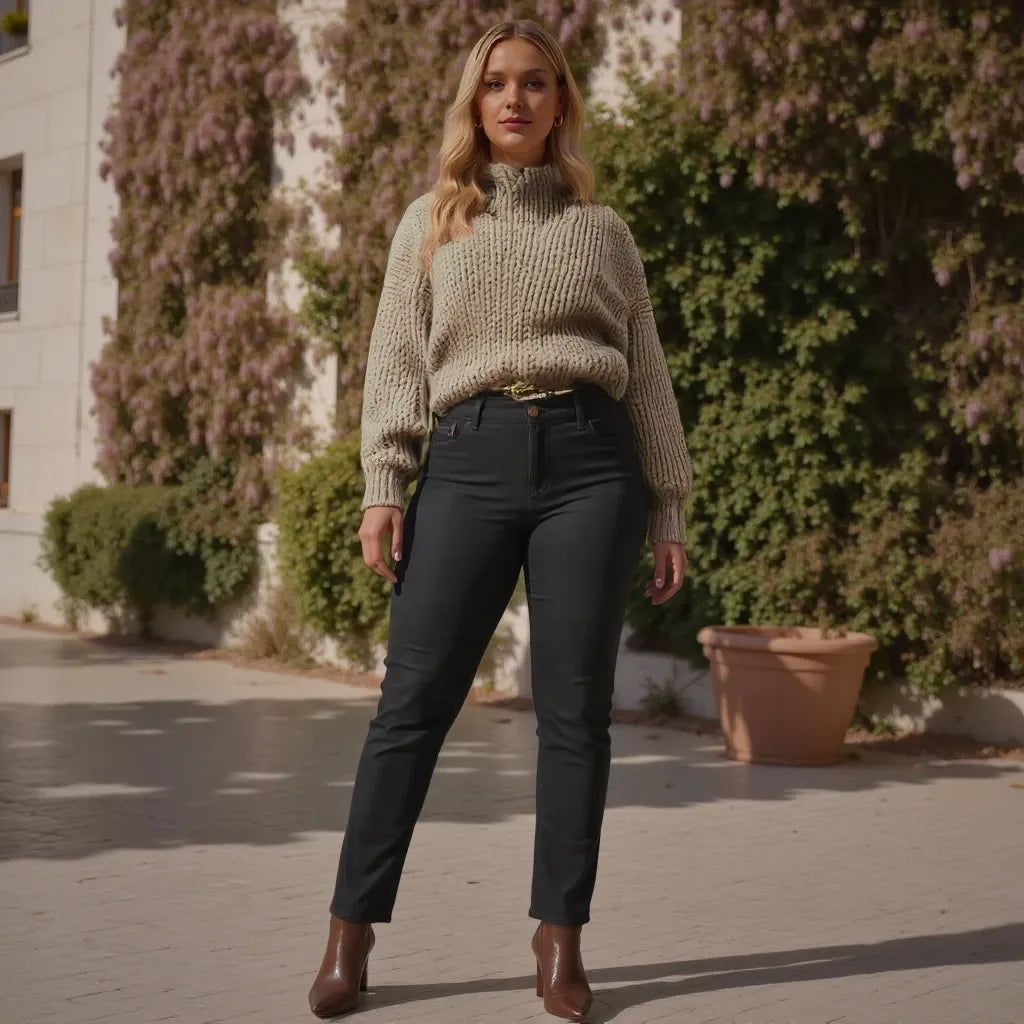 Woman wearing a beige sweater and black pants standing in front of a building with greenery.