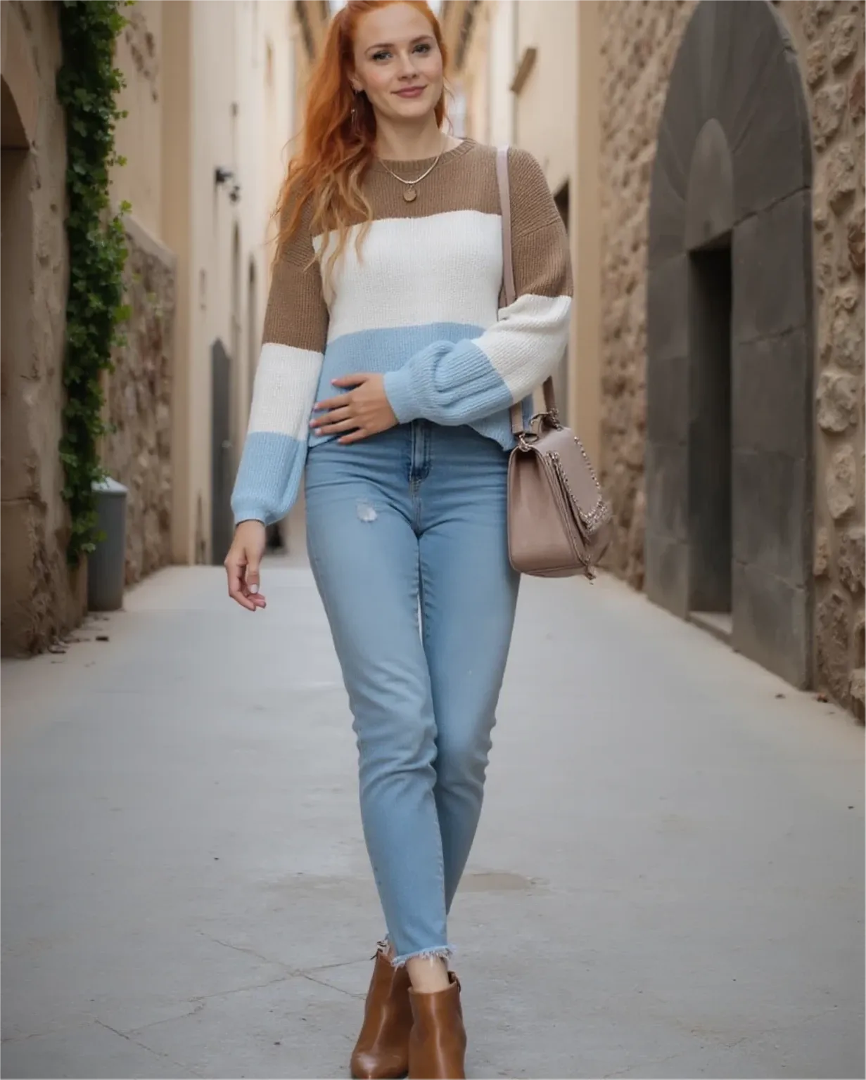 Woman walking down a narrow street wearing a colorful sweater and light blue jeans.