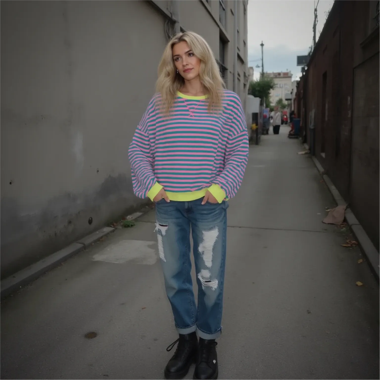 Woman wearing a striped sweater and ripped jeans standing on a sidewalk.