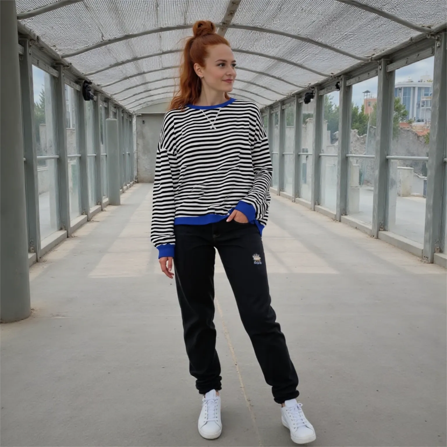 Woman wearing a striped sweater and black pants standing in an outdoor covered area.