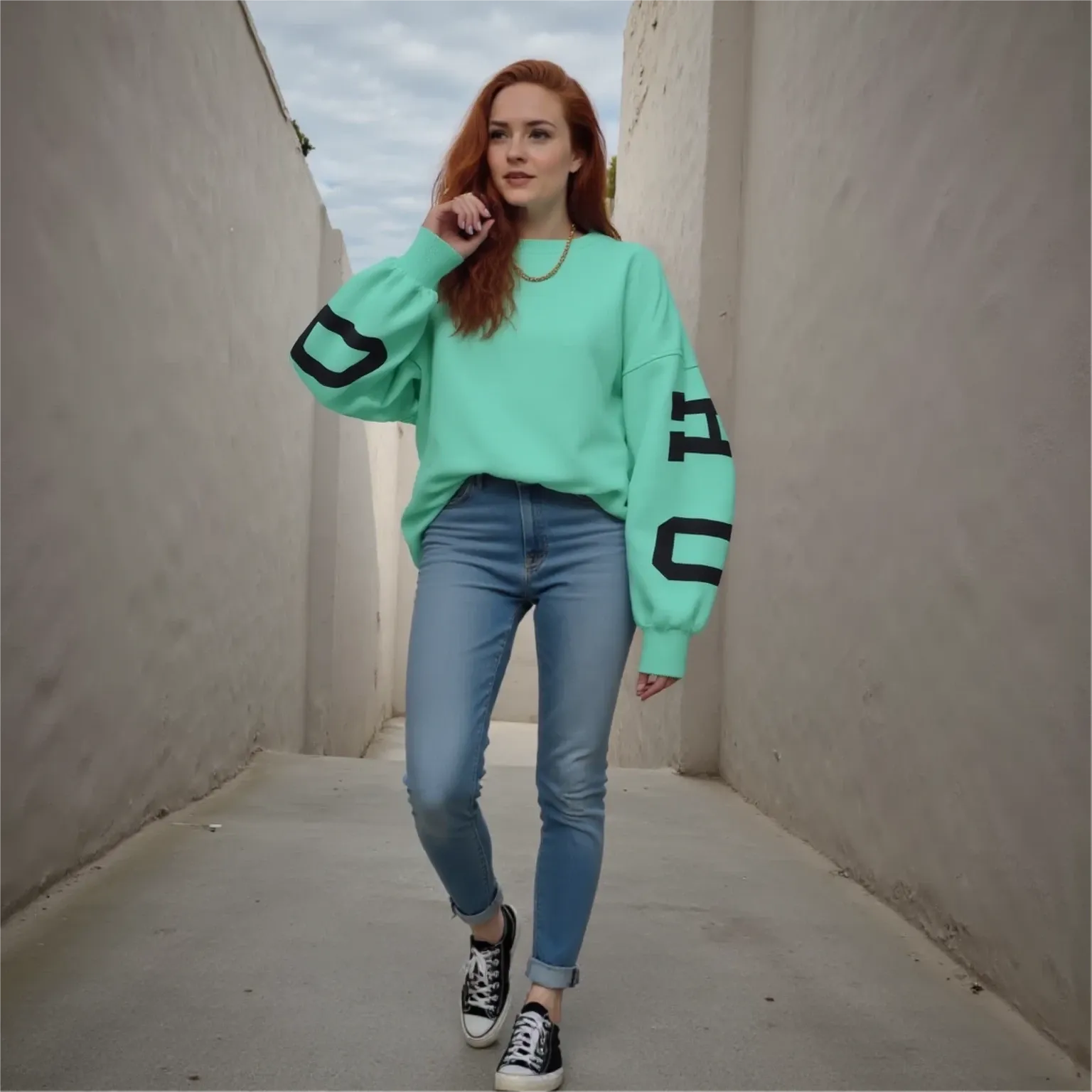 Woman wearing a light green sweater with black lettering, blue jeans, and black sneakers in a narrow alley.
