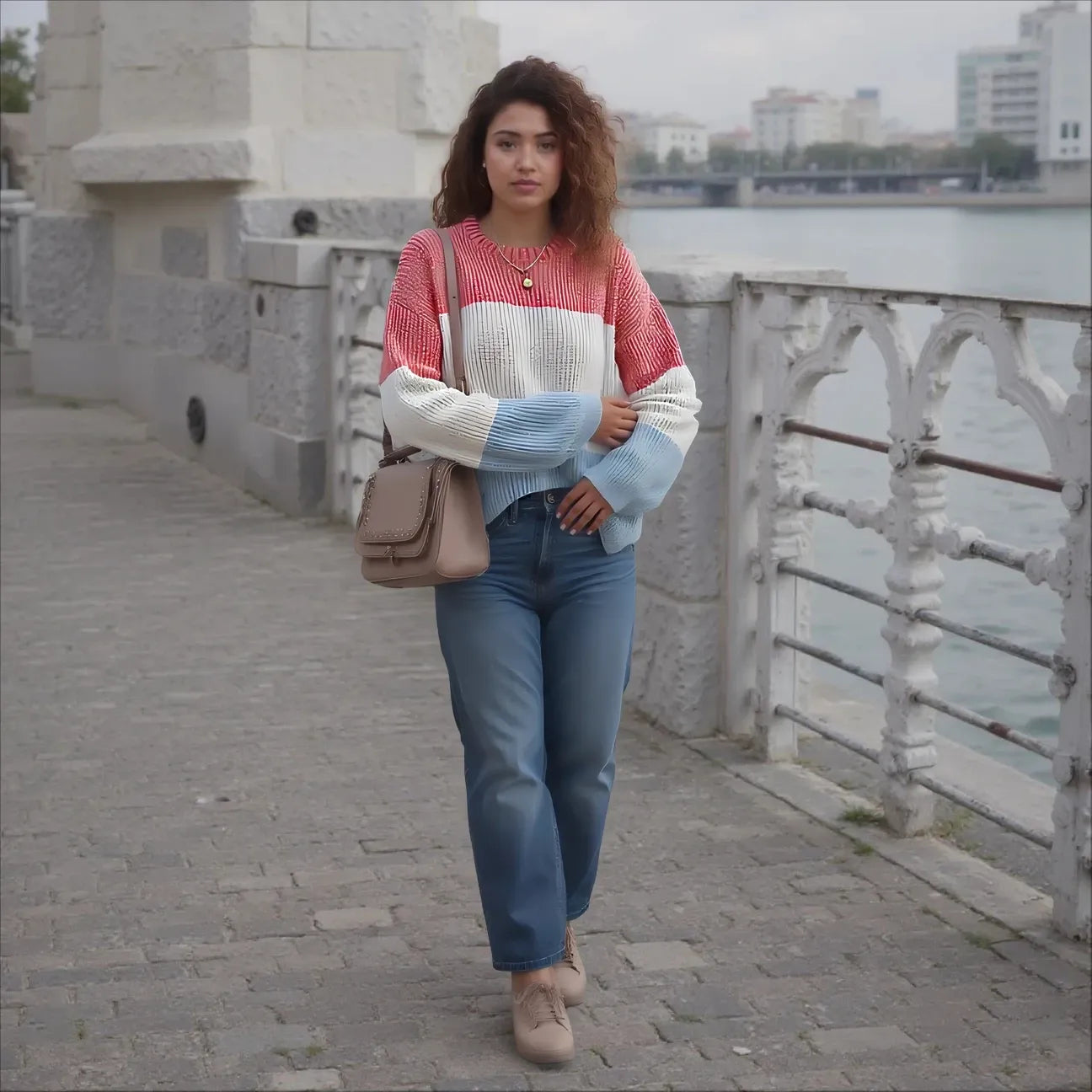 Woman in a colorful sweater and jeans standing on a bridge with water and buildings in the background