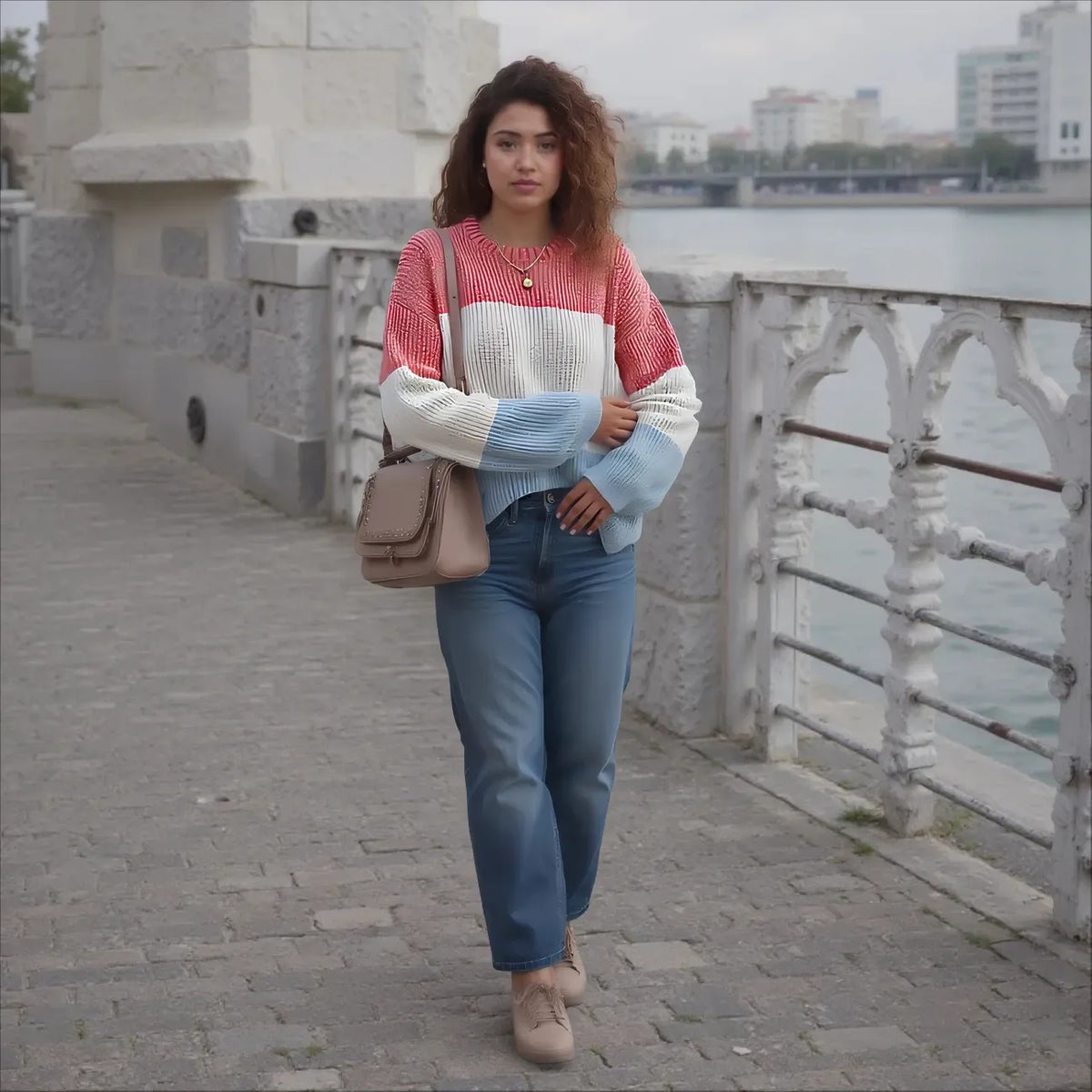 Woman in a colorful sweater and jeans standing on a bridge with water and buildings in the background
