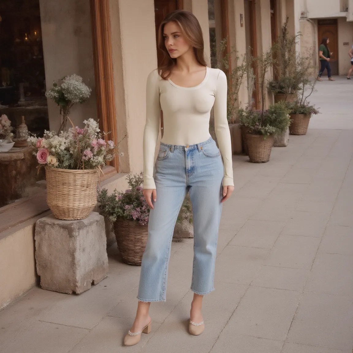 Woman in a cream top and blue jeans standing on a sidewalk with plants and a store in the background.
