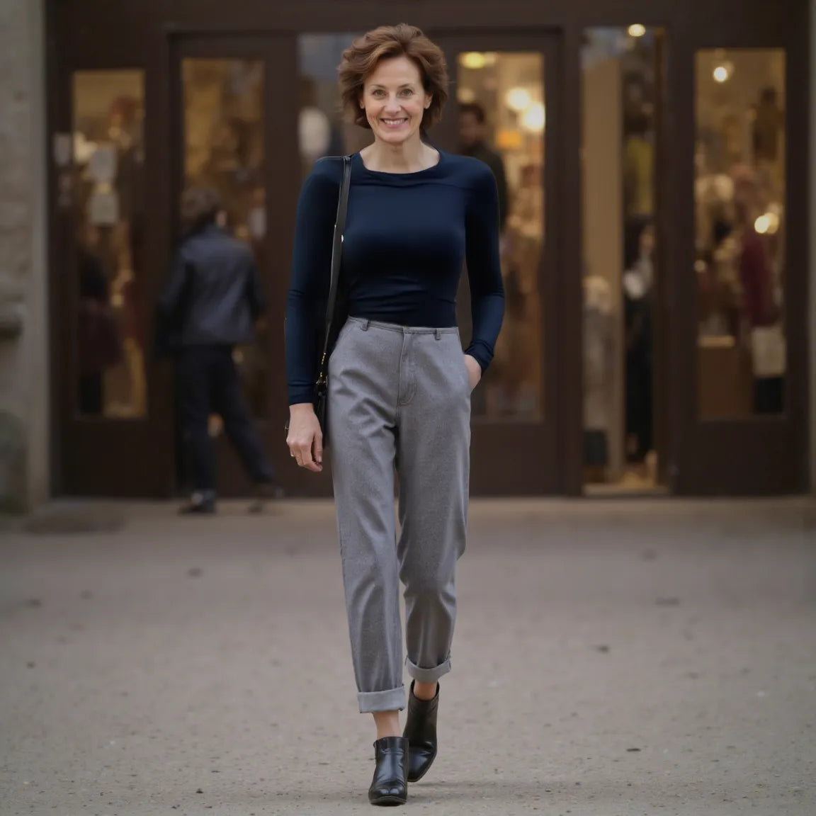 Woman walking outdoors in a casual outfit with a blurred background