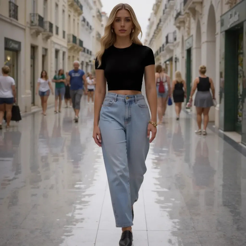 Woman walking down a city street wearing a black crop top and light blue jeans.