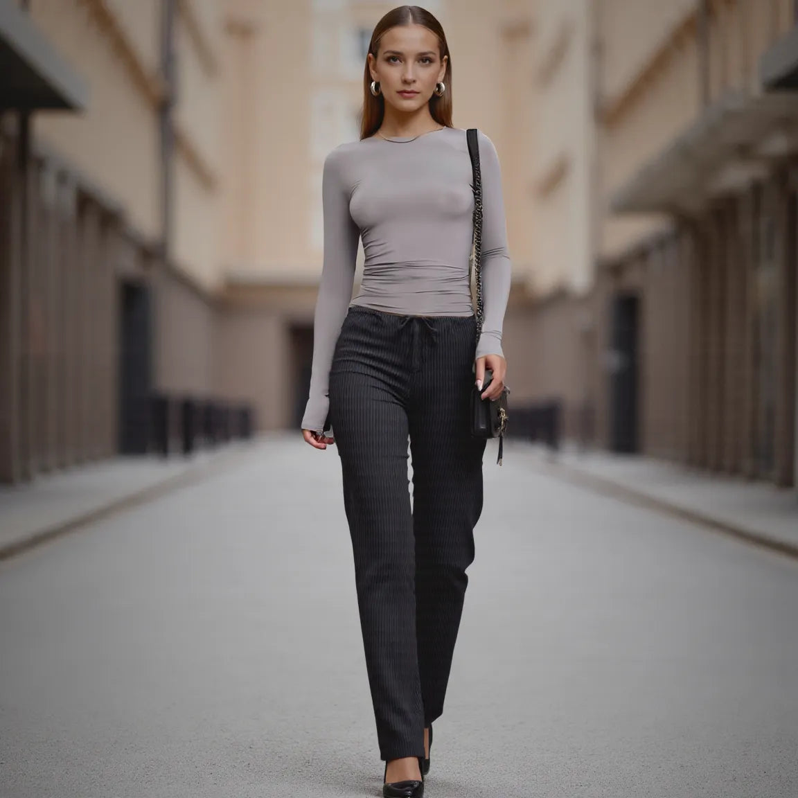 Woman walking down a street wearing a gray top and black pants.