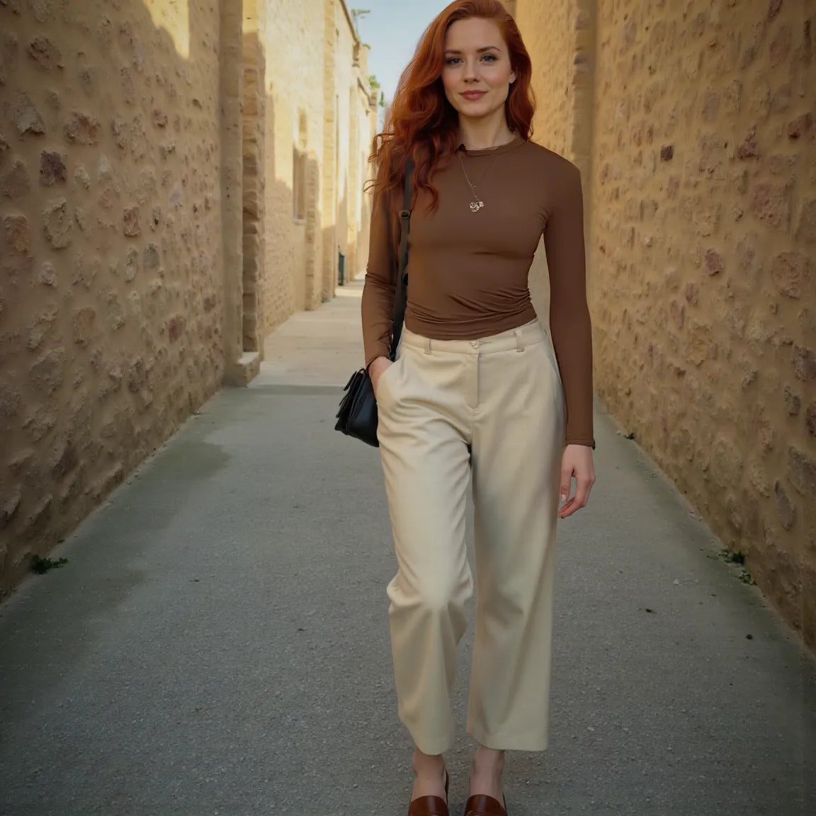Woman standing in a narrow stone alleyway wearing a brown top and beige pants.
