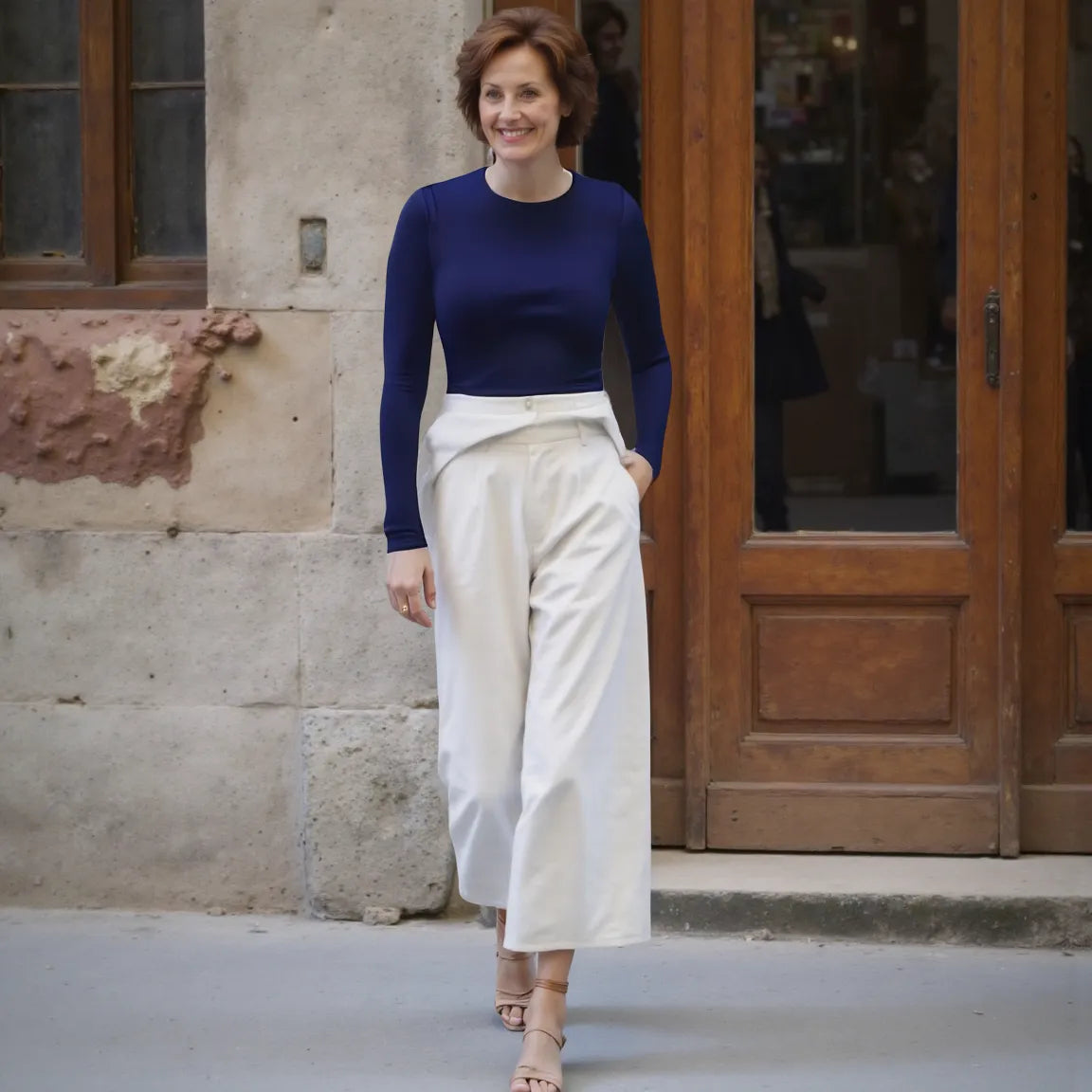 Woman in a blue top and white pants standing in front of a building entrance.