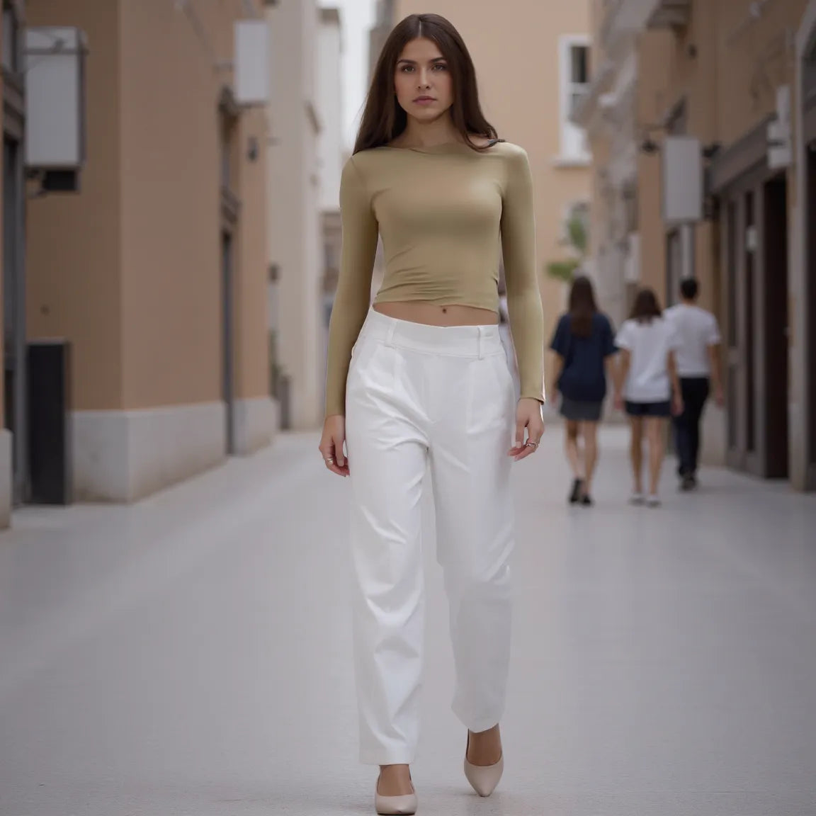 Woman in beige top and white pants walking down a street with blurred people in the background