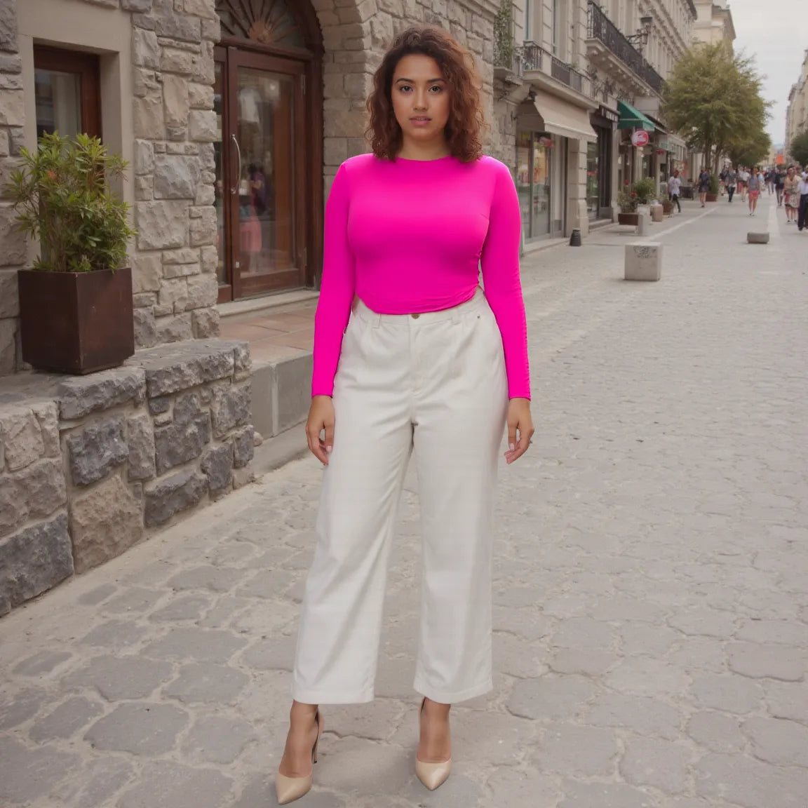Woman in a bright pink top and white pants standing on a city street.
