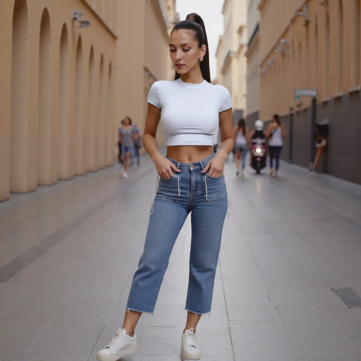 Woman in a white crop top and blue jeans walking on a city street.