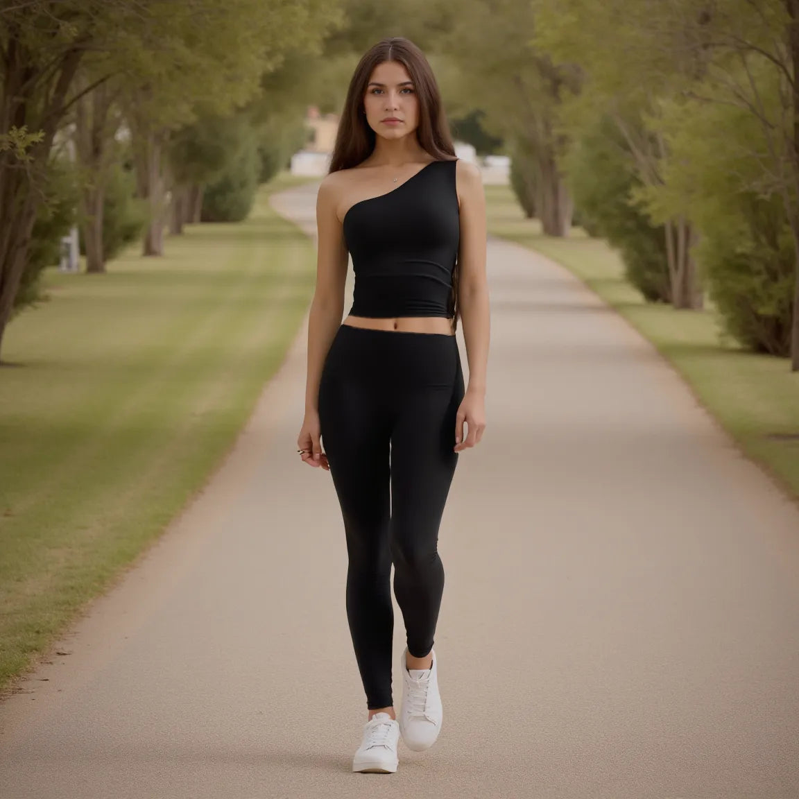Woman in black outfit walking on a path in a park