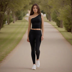 Woman in black outfit walking on a path in a park