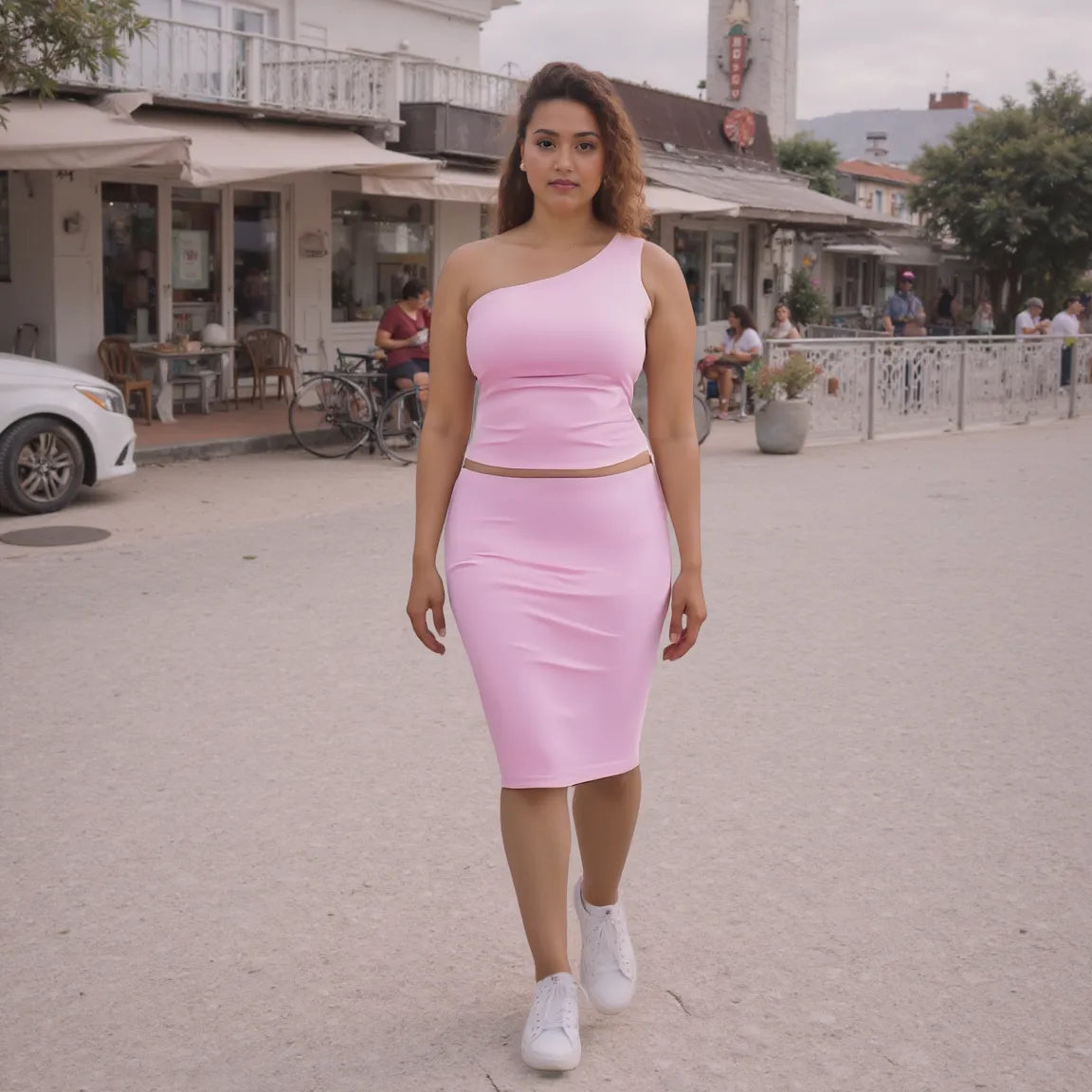 Woman in a pink one-shoulder dress walking on a street with shops and people in the background.