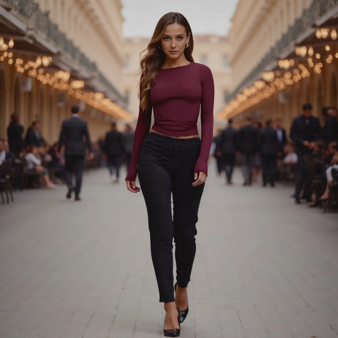 Woman walking down a street in an urban setting with blurred background