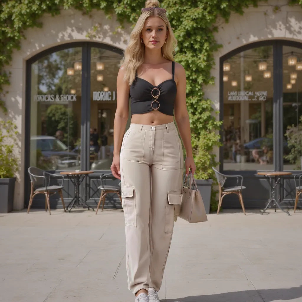 Woman walking outdoors in front of a building with tables and chairs.