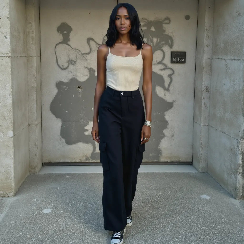 Woman wearing a white tank top and black pants standing in front of a textured wall.