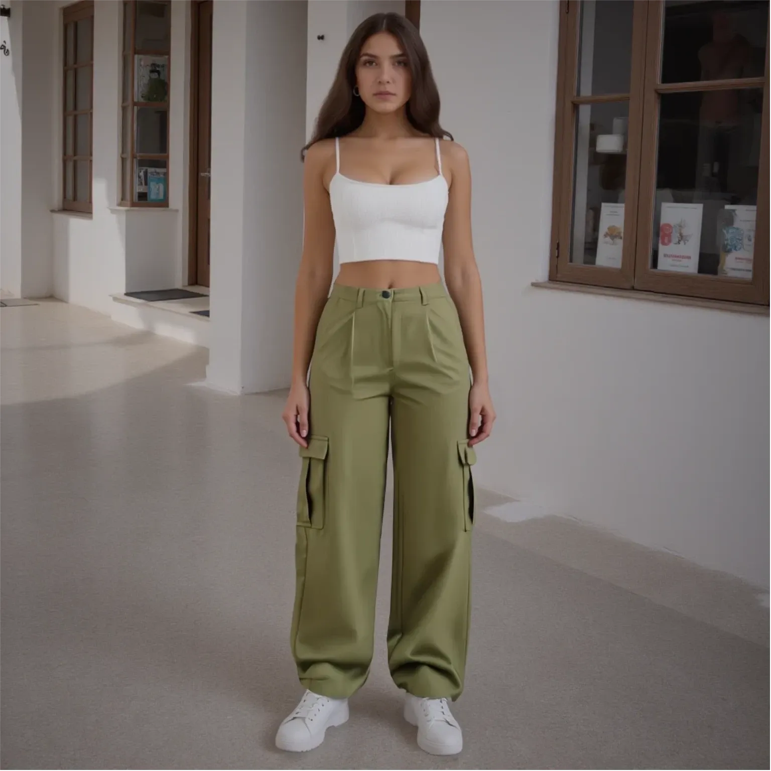 Woman wearing a white top and green cargo pants standing in a minimalistic room.